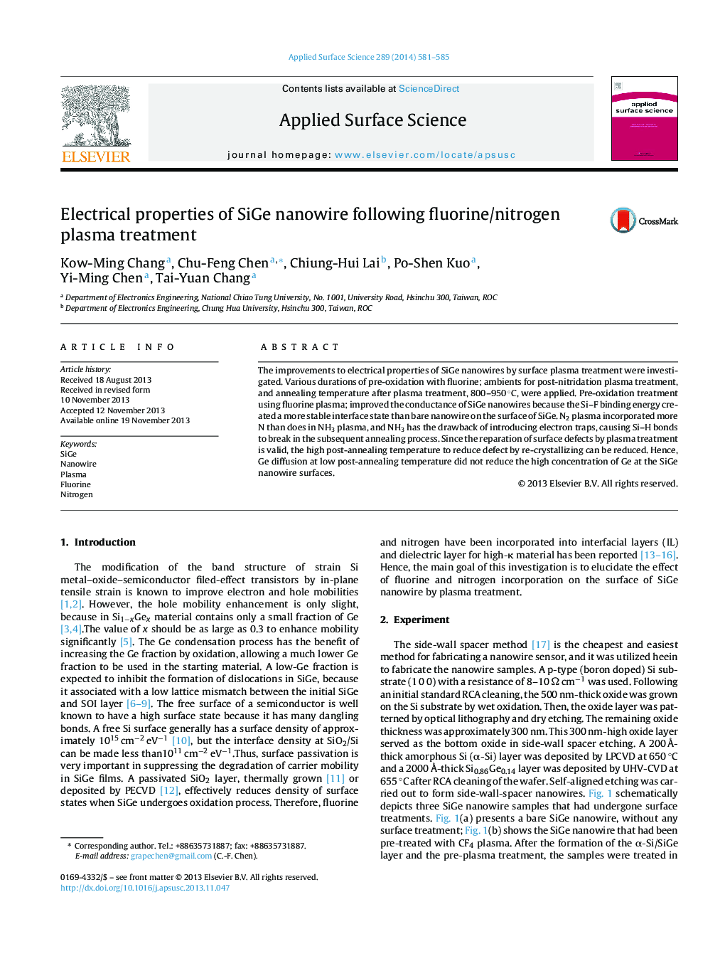 Electrical properties of SiGe nanowire following fluorine/nitrogen plasma treatment