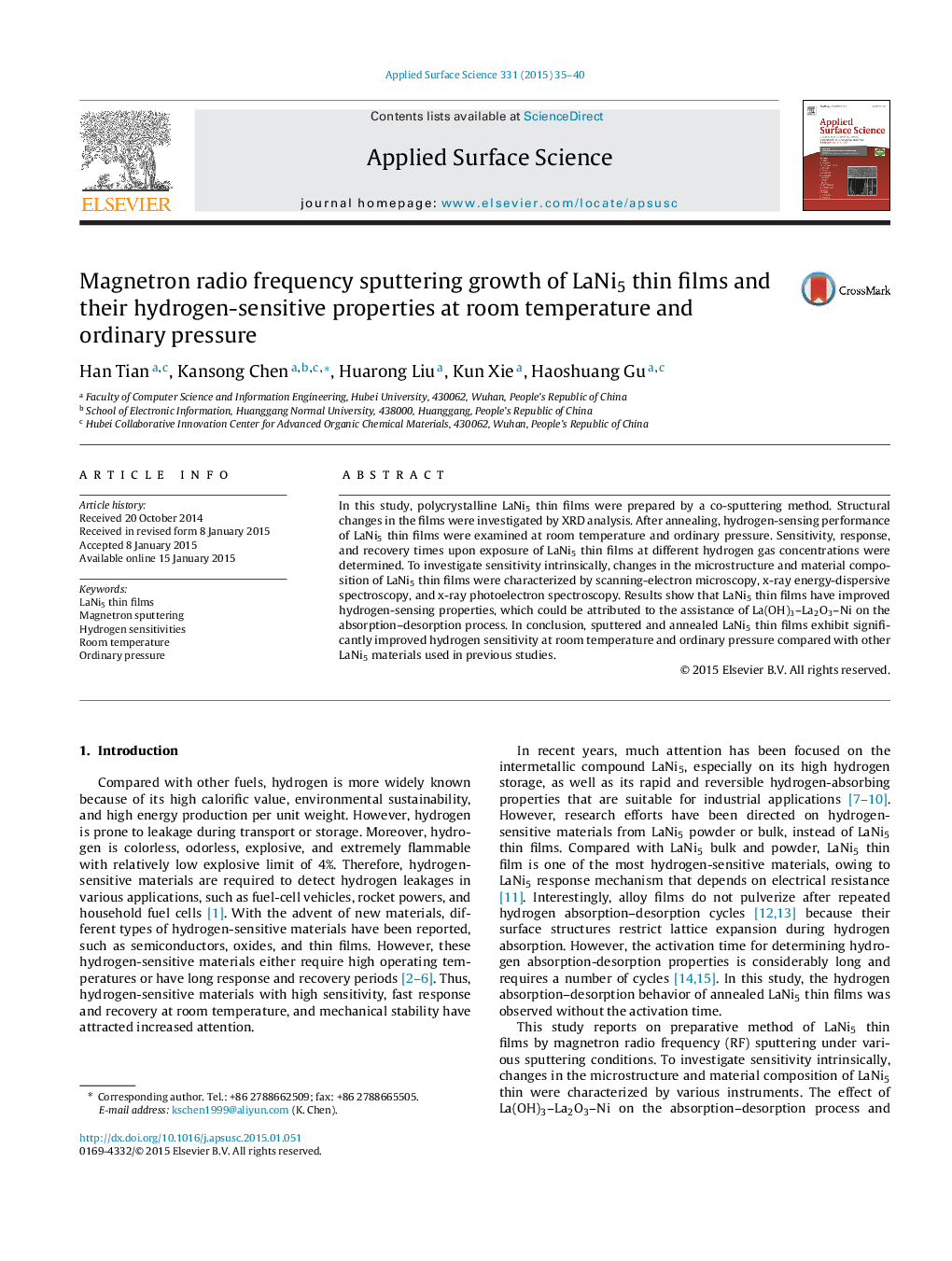 عکس صفحه اول مقاله: Magnetron radio frequency sputtering growth of LaNi5 thin films and their hydrogen-sensitive properties at room temperature and ordinary pressure Magnetron radio frequency sputtering growth of LaNi5 thin films and their hydrogen-sensitive properties at room temperature and ordinary pressure