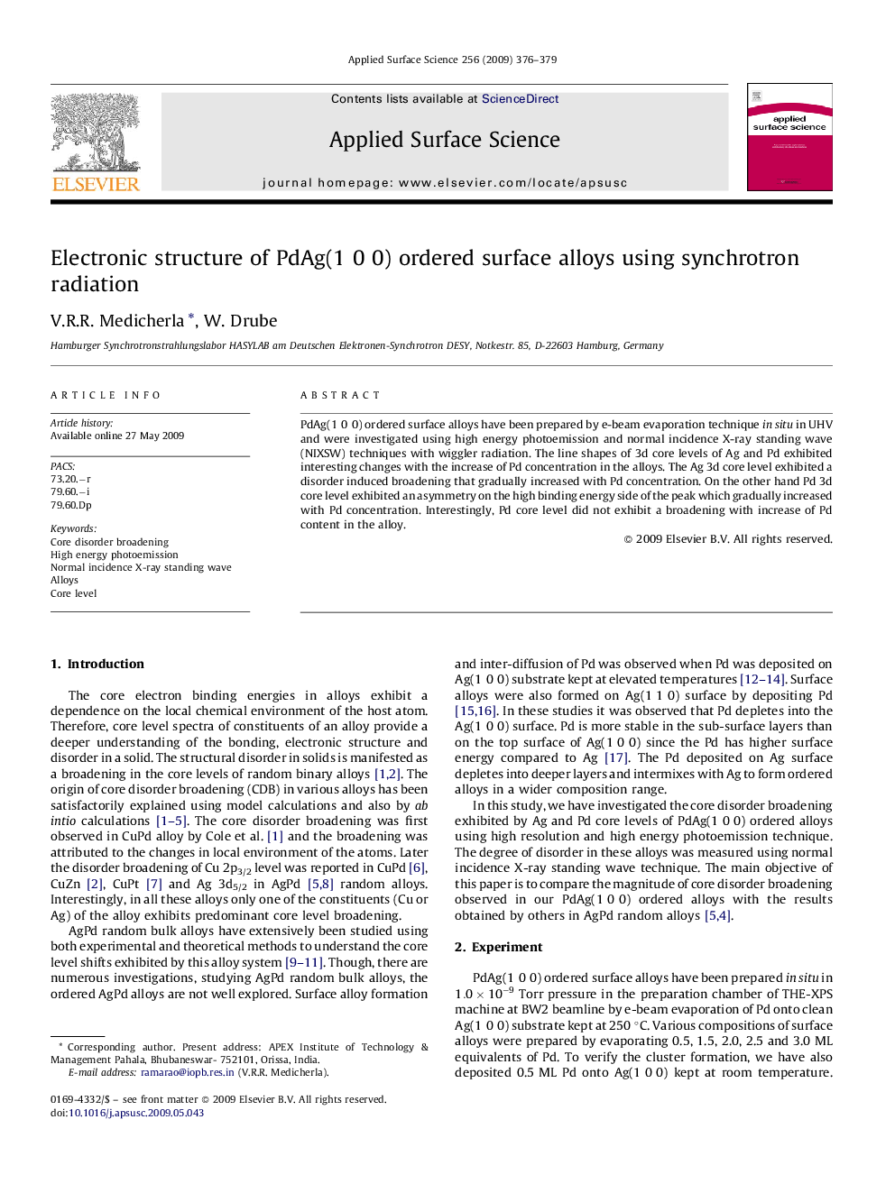 Electronic structure of PdAg(1â0â0) ordered surface alloys using synchrotron radiation