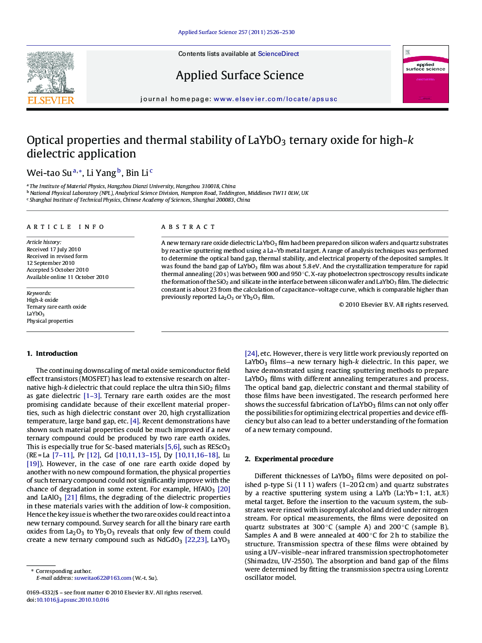 Optical properties and thermal stability of LaYbO3 ternary oxide for high-k dielectric application