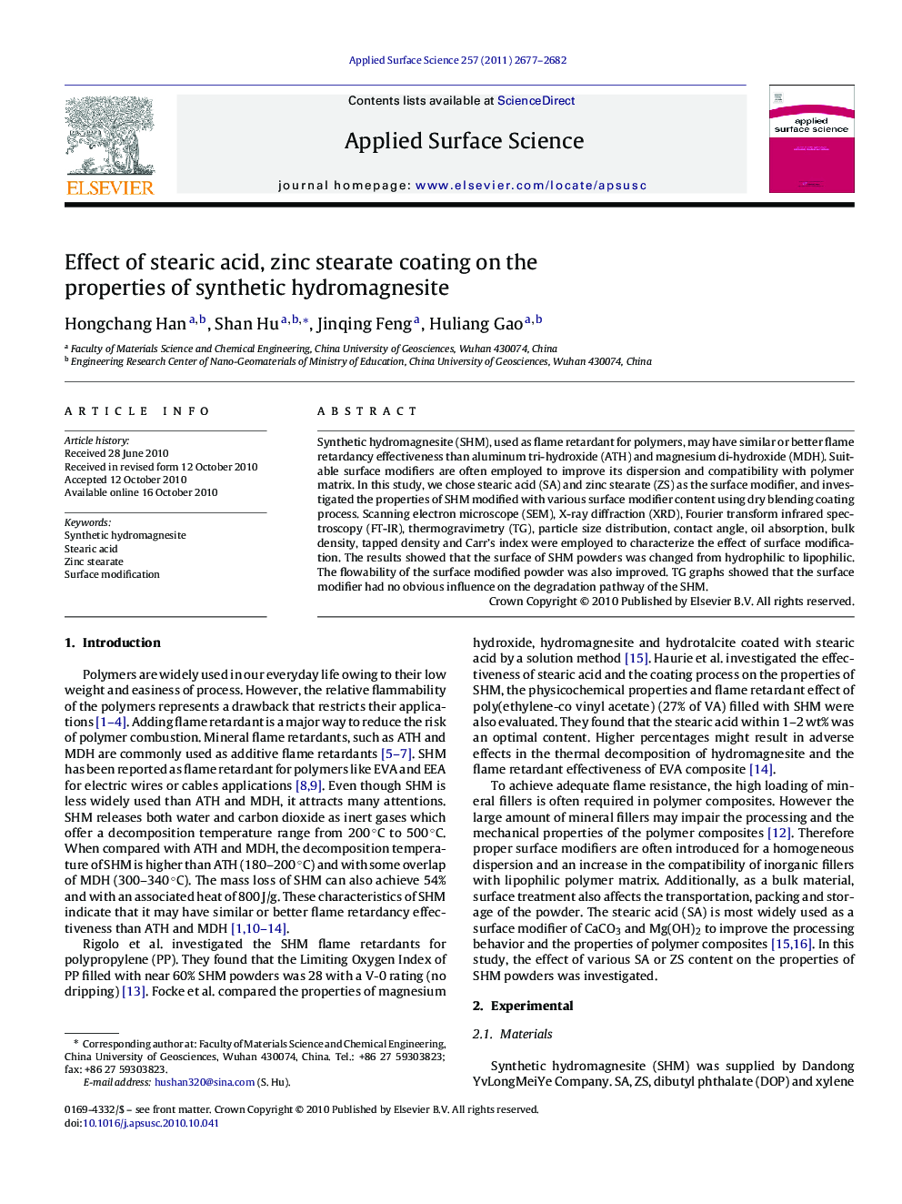 Effect of stearic acid, zinc stearate coating on the properties of synthetic hydromagnesite