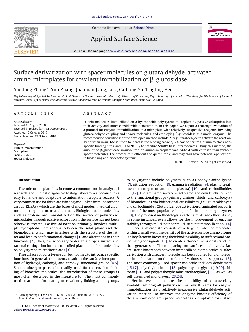 Surface derivatization with spacer molecules on glutaraldehyde-activated amino-microplates for covalent immobilization of Î²-glucosidase