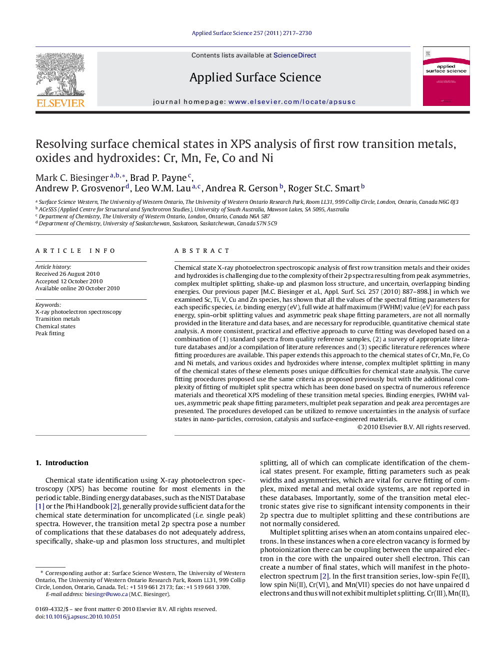 Resolving surface chemical states in XPS analysis of first row transition metals, oxides and hydroxides: Cr, Mn, Fe, Co and Ni