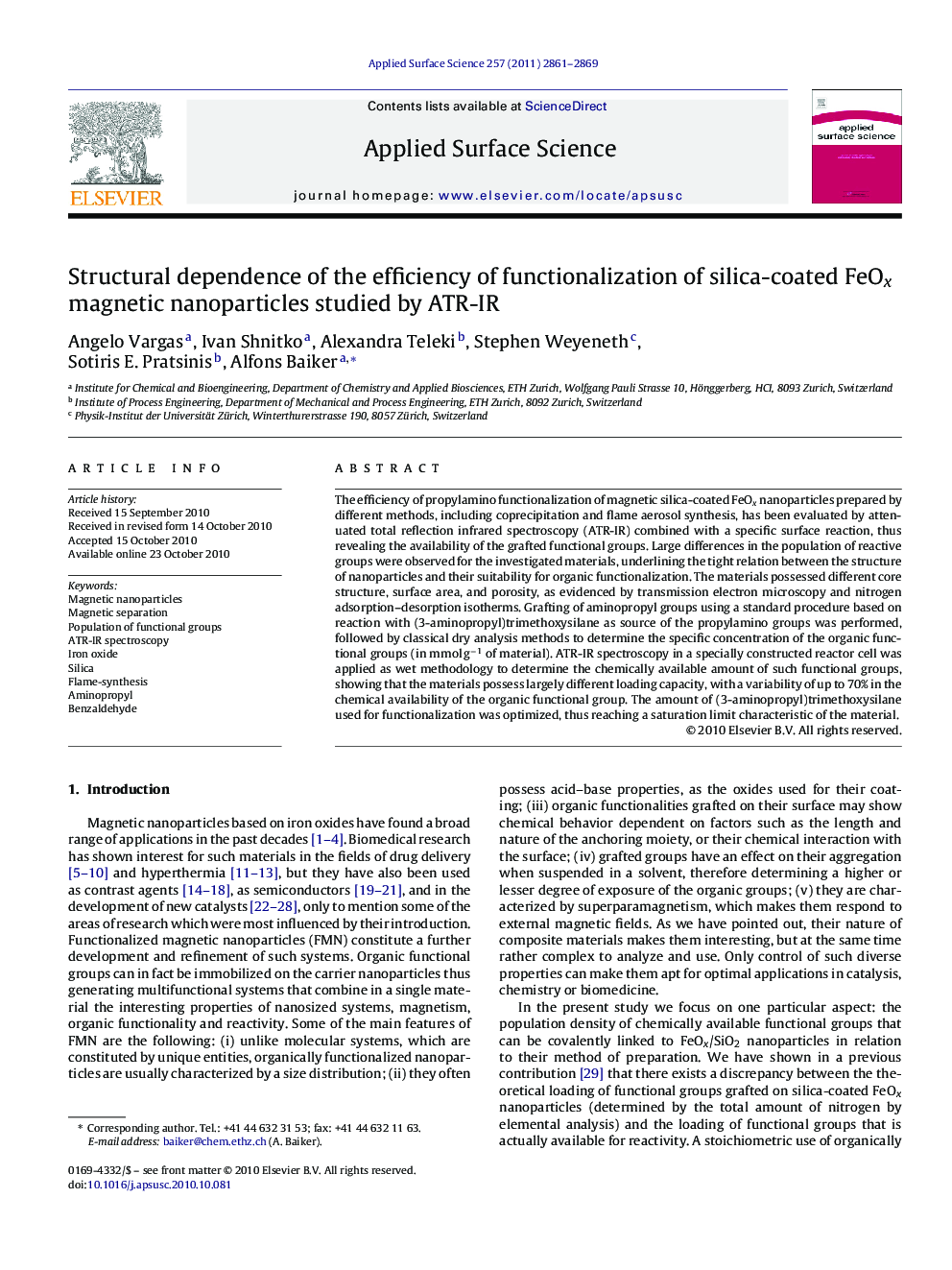 Structural dependence of the efficiency of functionalization of silica-coated FeOx magnetic nanoparticles studied by ATR-IR