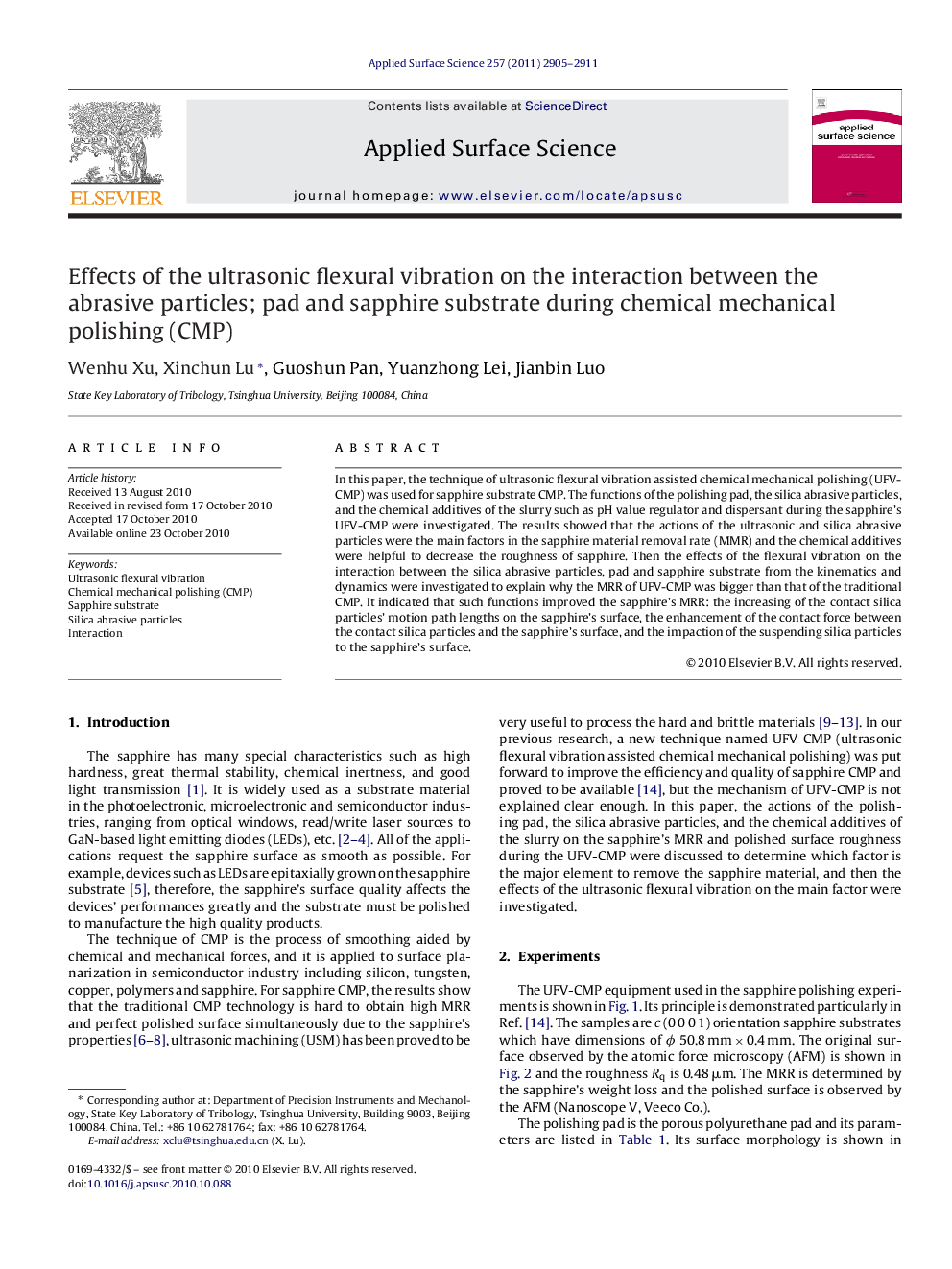 Effects of the ultrasonic flexural vibration on the interaction between the abrasive particles; pad and sapphire substrate during chemical mechanical polishing (CMP)