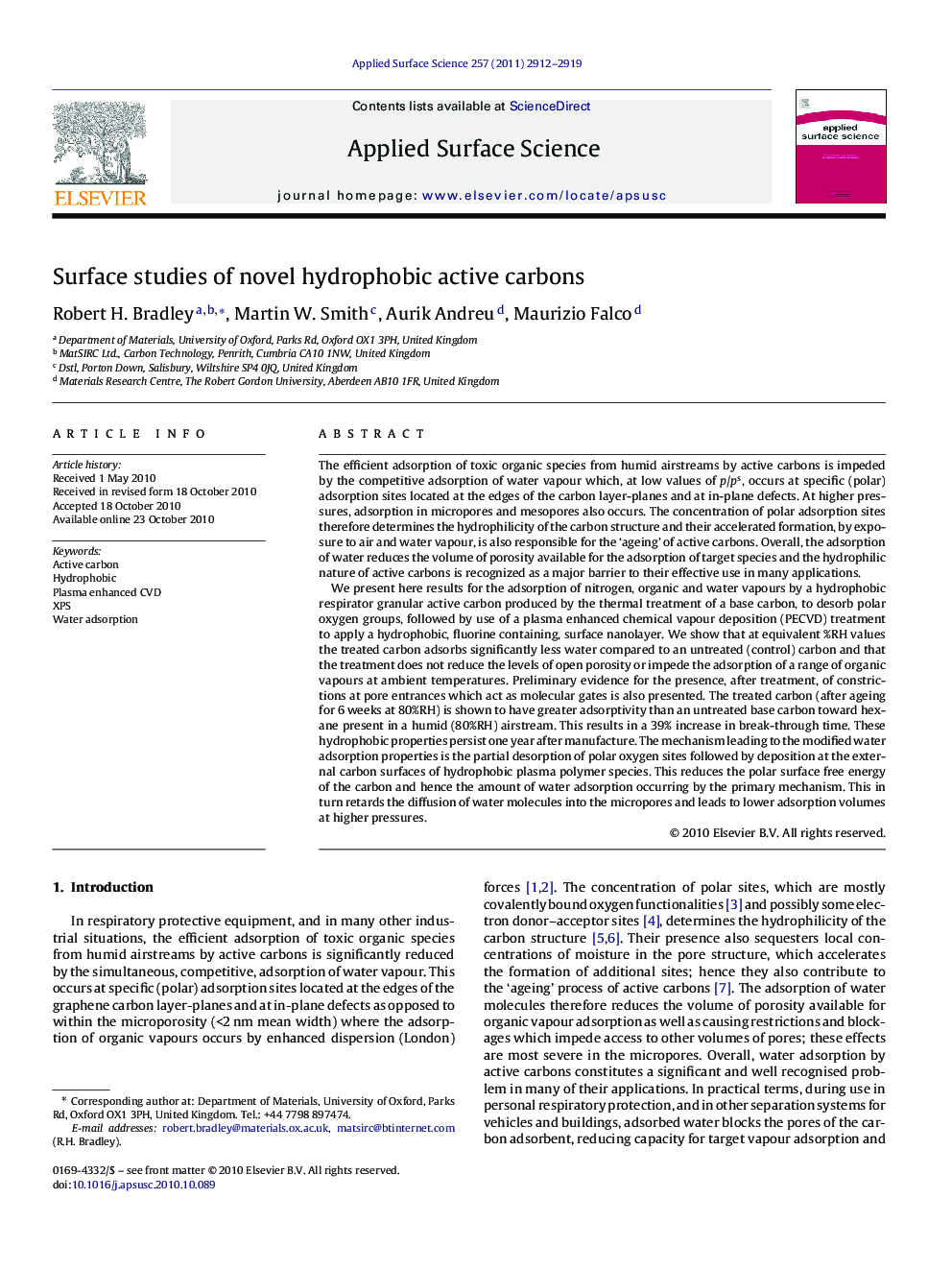 Surface studies of novel hydrophobic active carbons