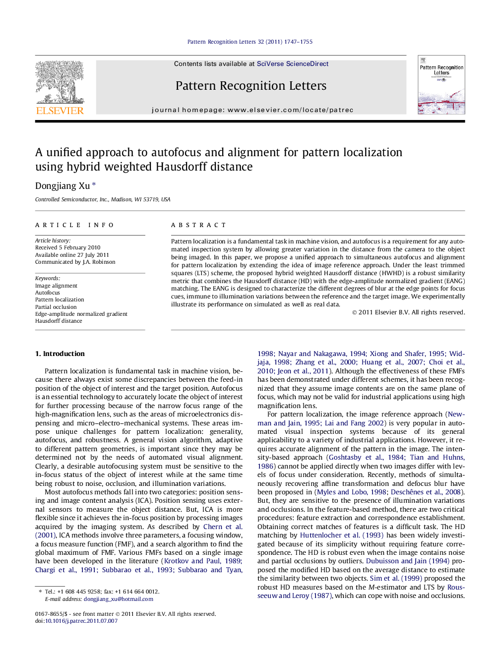 A unified approach to autofocus and alignment for pattern localization using hybrid weighted Hausdorff distance