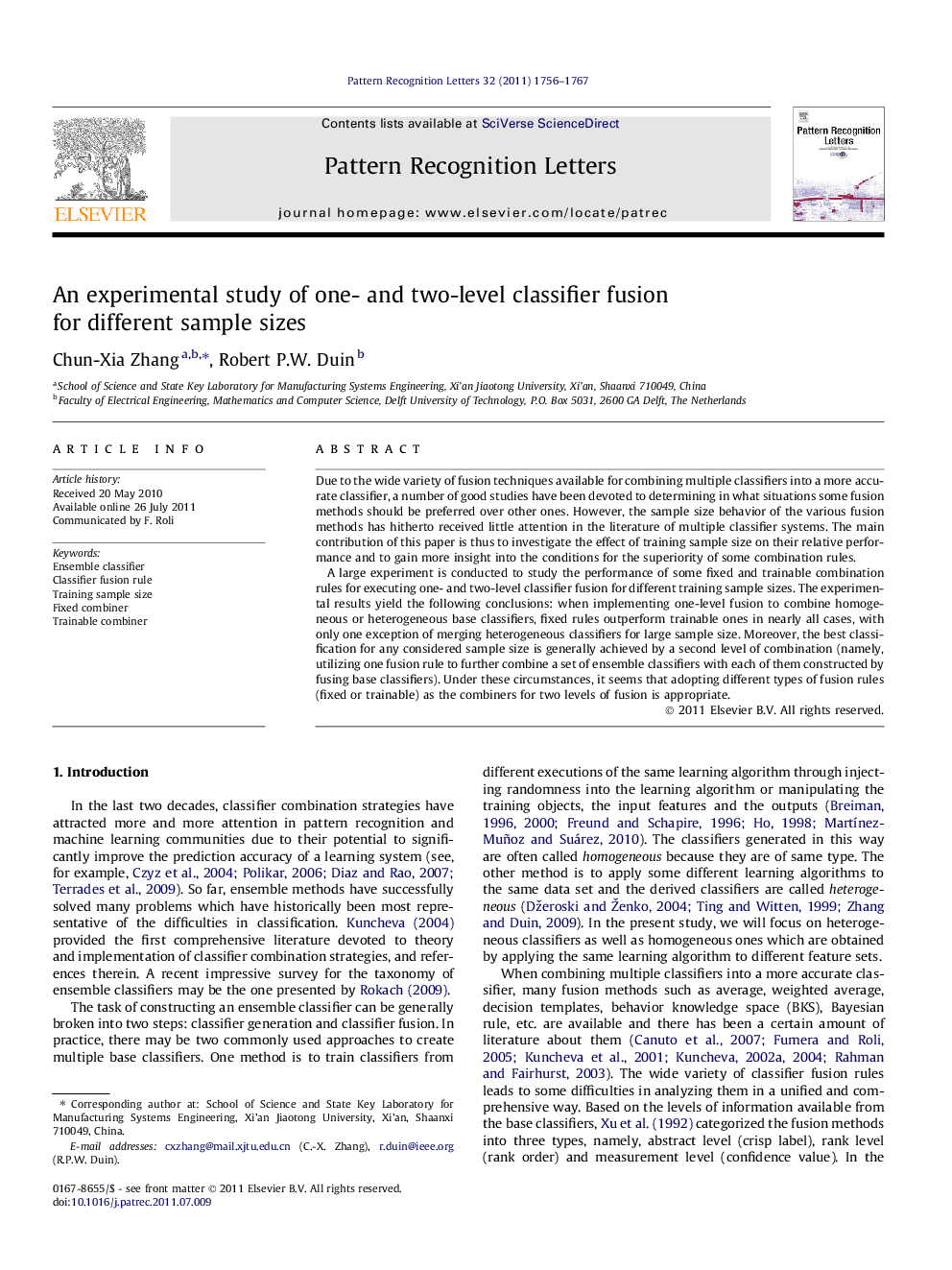 An experimental study of one- and two-level classifier fusion for different sample sizes