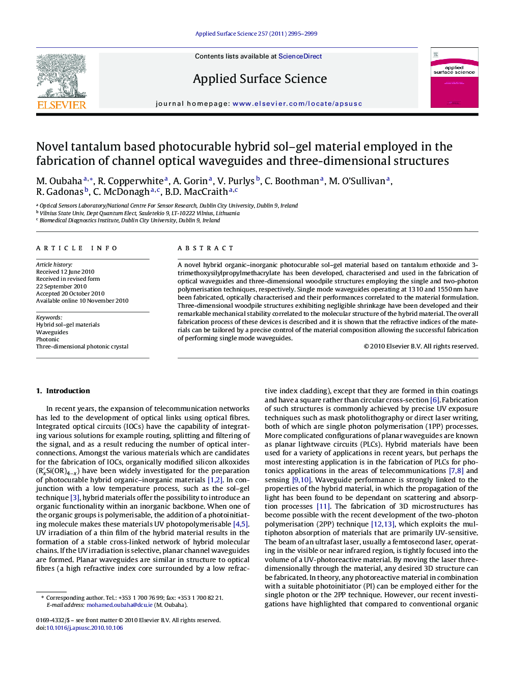 Novel tantalum based photocurable hybrid sol-gel material employed in the fabrication of channel optical waveguides and three-dimensional structures