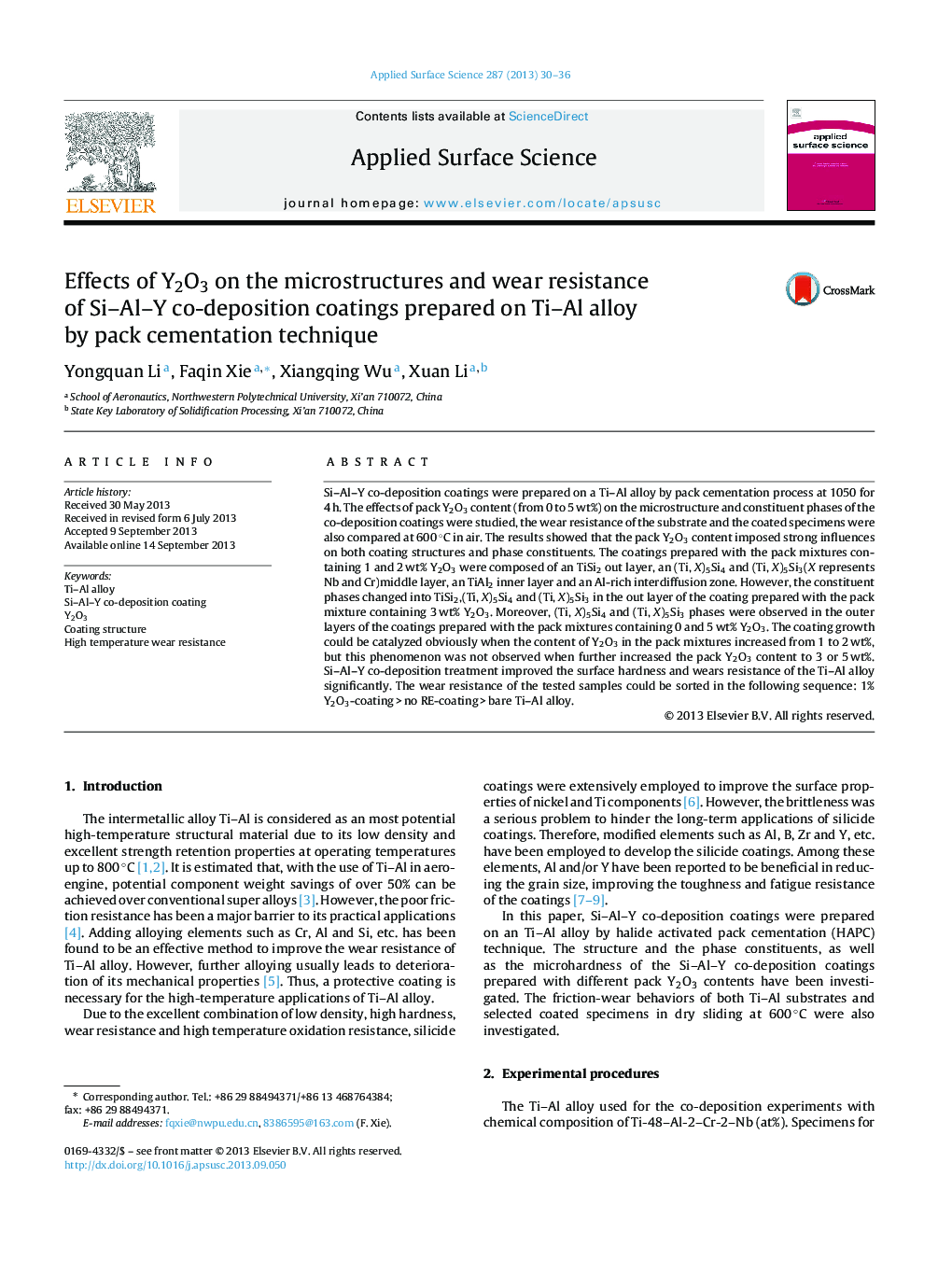 Effects of Y2O3 on the microstructures and wear resistance of Si-Al-Y co-deposition coatings prepared on Ti-Al alloy by pack cementation technique