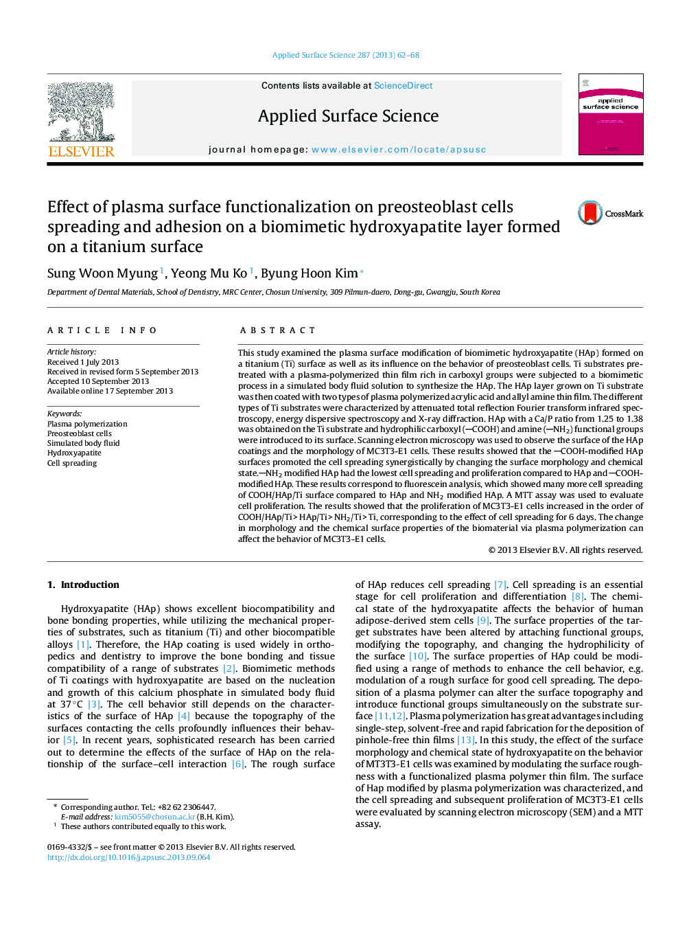 Effect of plasma surface functionalization on preosteoblast cells spreading and adhesion on a biomimetic hydroxyapatite layer formed on a titanium surface