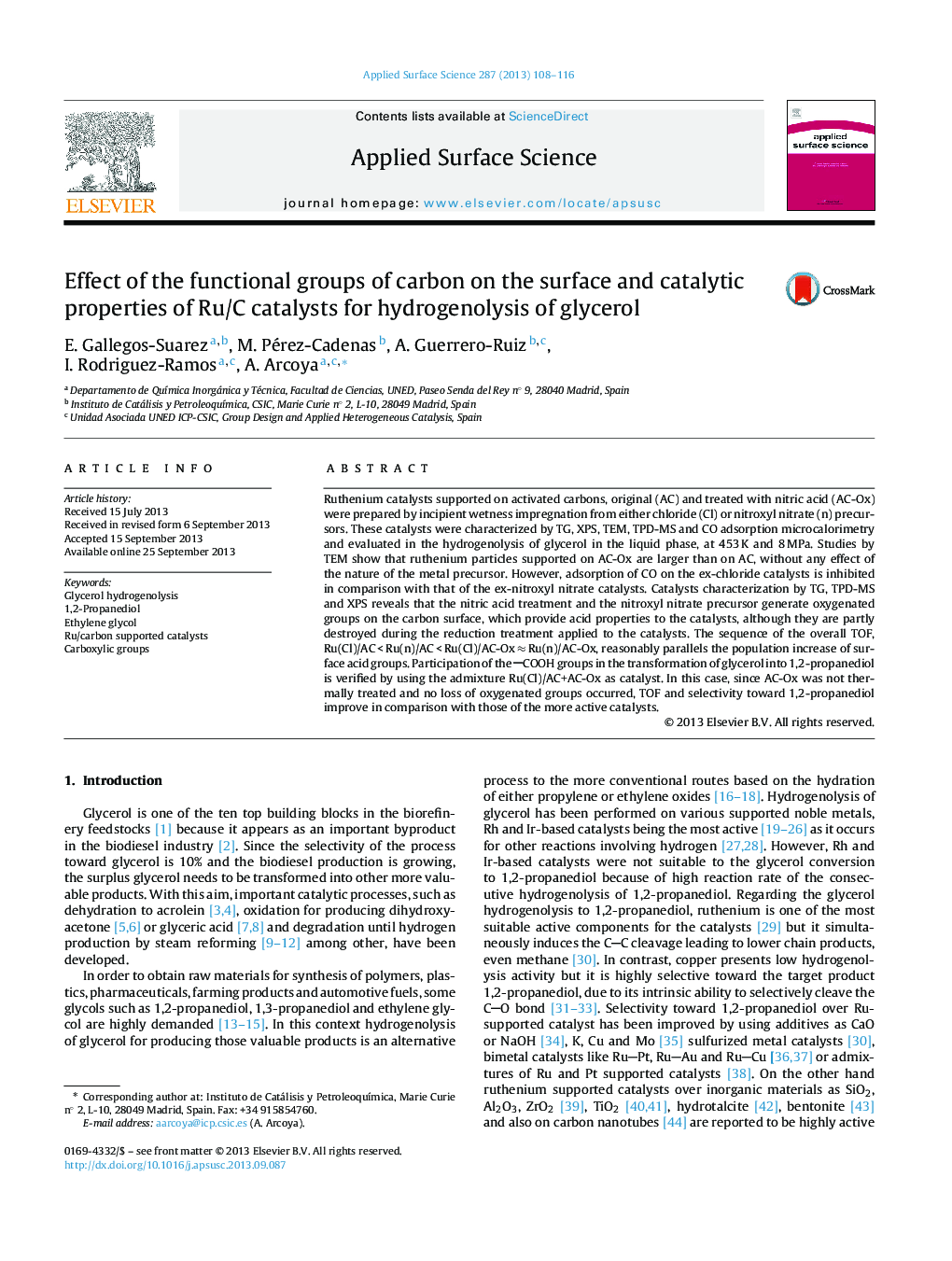 Effect of the functional groups of carbon on the surface and catalytic properties of Ru/C catalysts for hydrogenolysis of glycerol