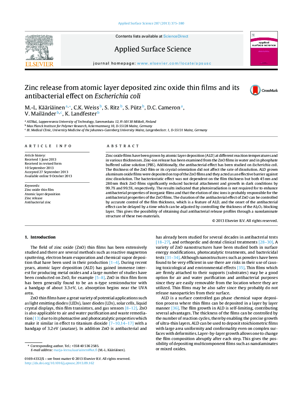 Zinc release from atomic layer deposited zinc oxide thin films and its antibacterial effect on Escherichia coli