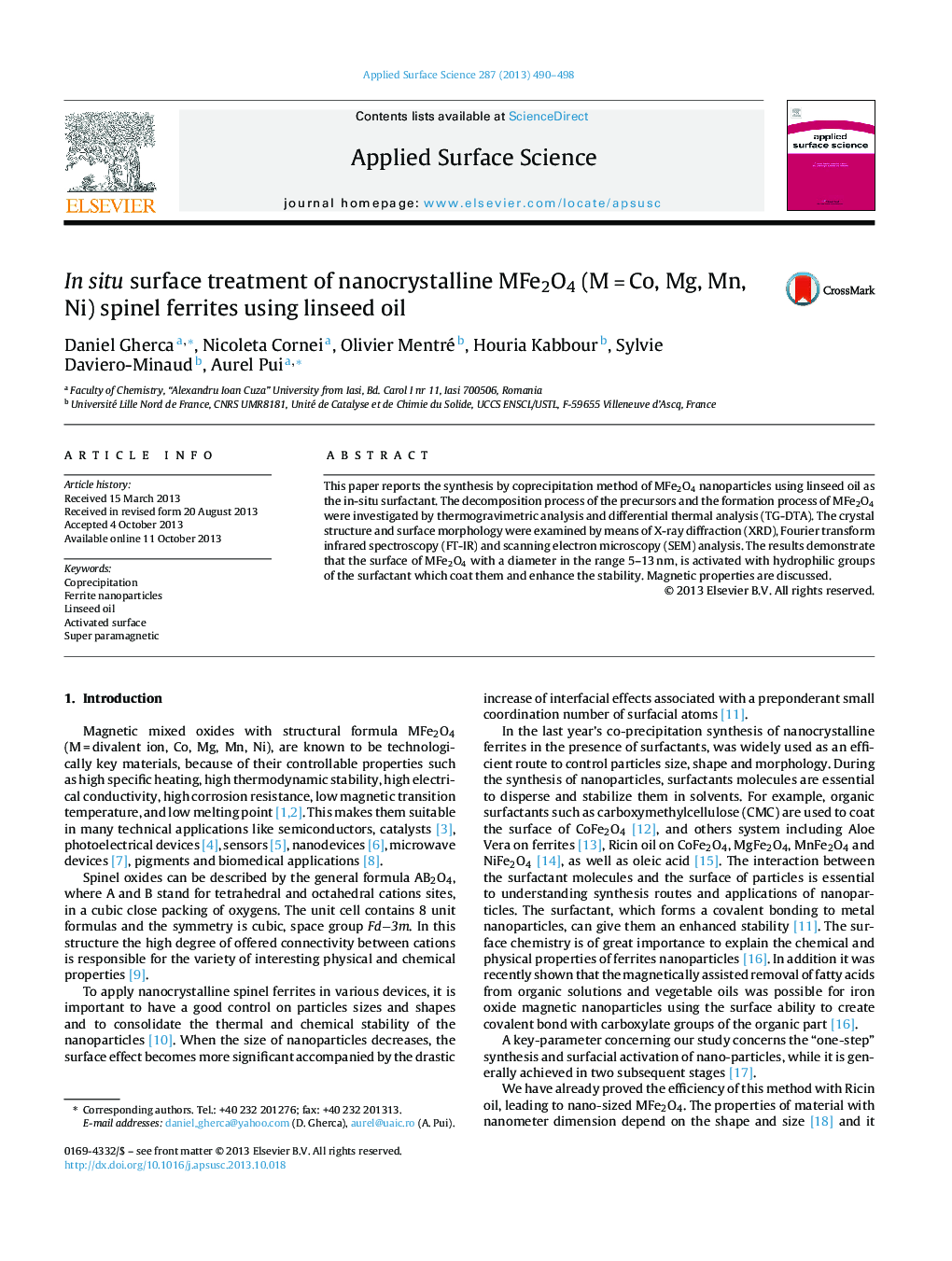 In situ surface treatment of nanocrystalline MFe2O4 (MÂ =Â Co, Mg, Mn, Ni) spinel ferrites using linseed oil