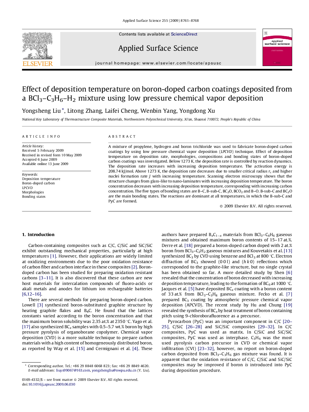 Effect of deposition temperature on boron-doped carbon coatings deposited from a BCl3-C3H6-H2 mixture using low pressure chemical vapor deposition