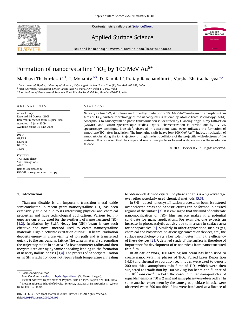 Formation of nanocrystalline TiO2 by 100Â MeV Au8+