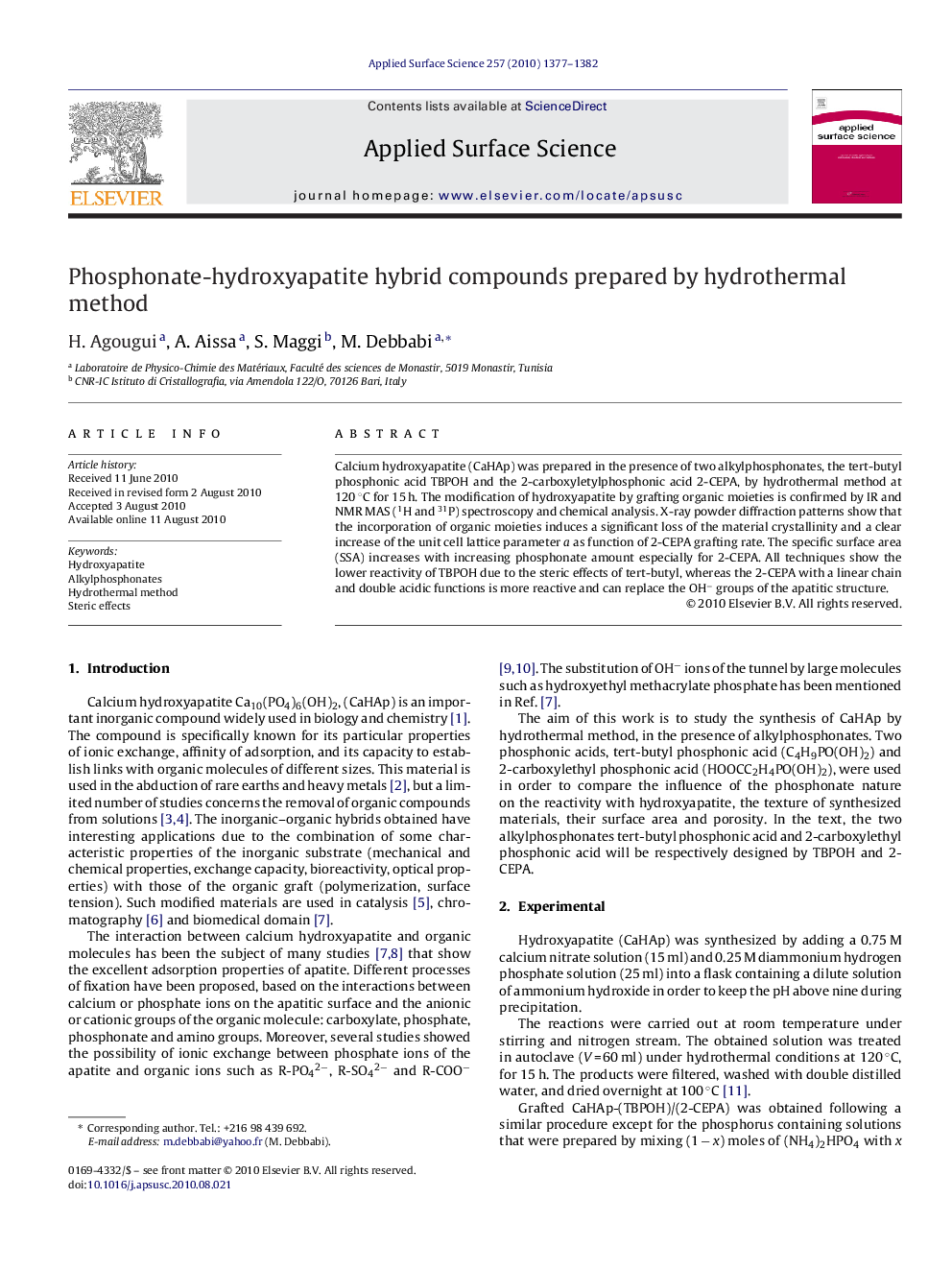 Phosphonate-hydroxyapatite hybrid compounds prepared by hydrothermal method