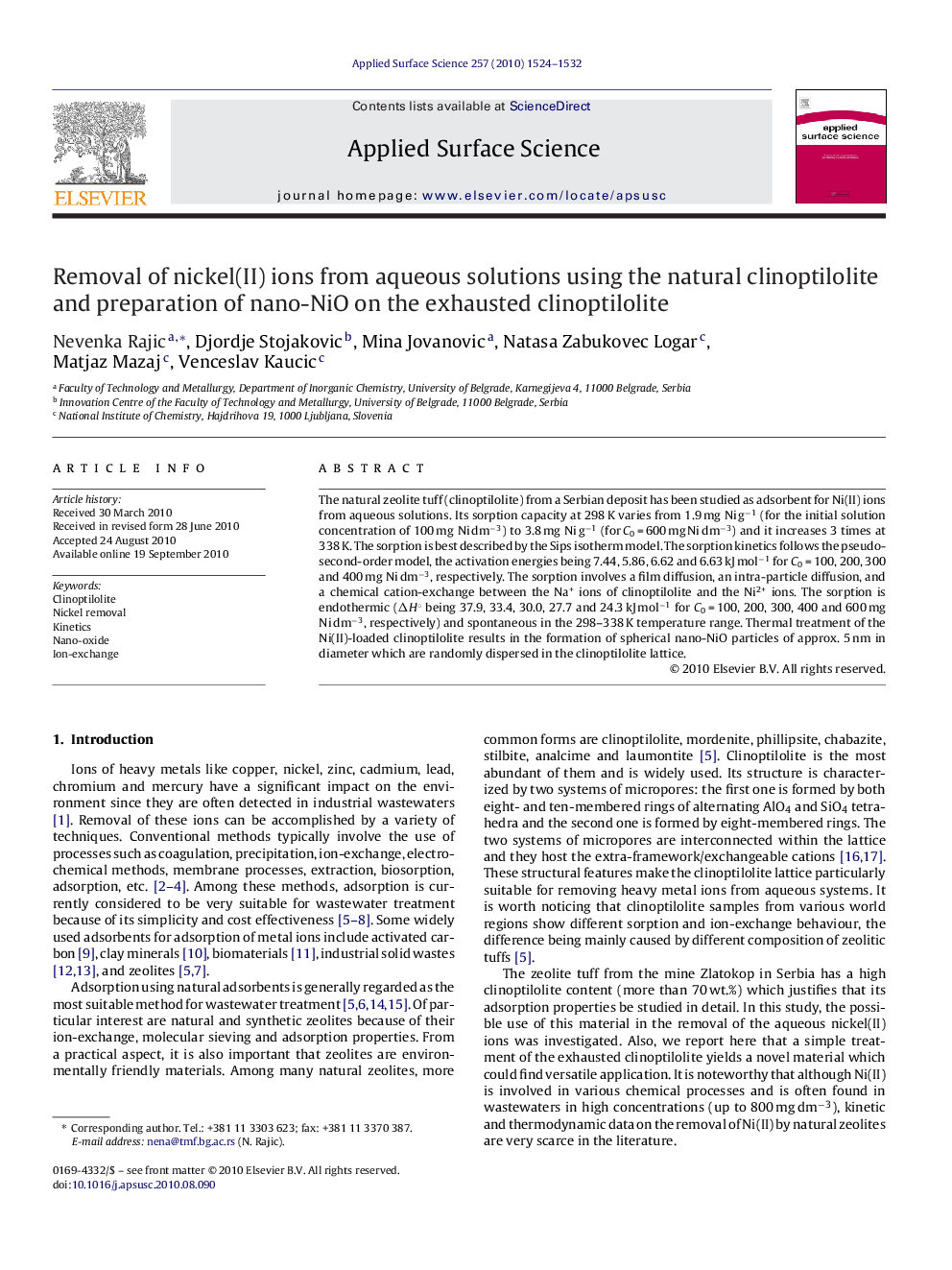 Removal of nickel(II) ions from aqueous solutions using the natural clinoptilolite and preparation of nano-NiO on the exhausted clinoptilolite