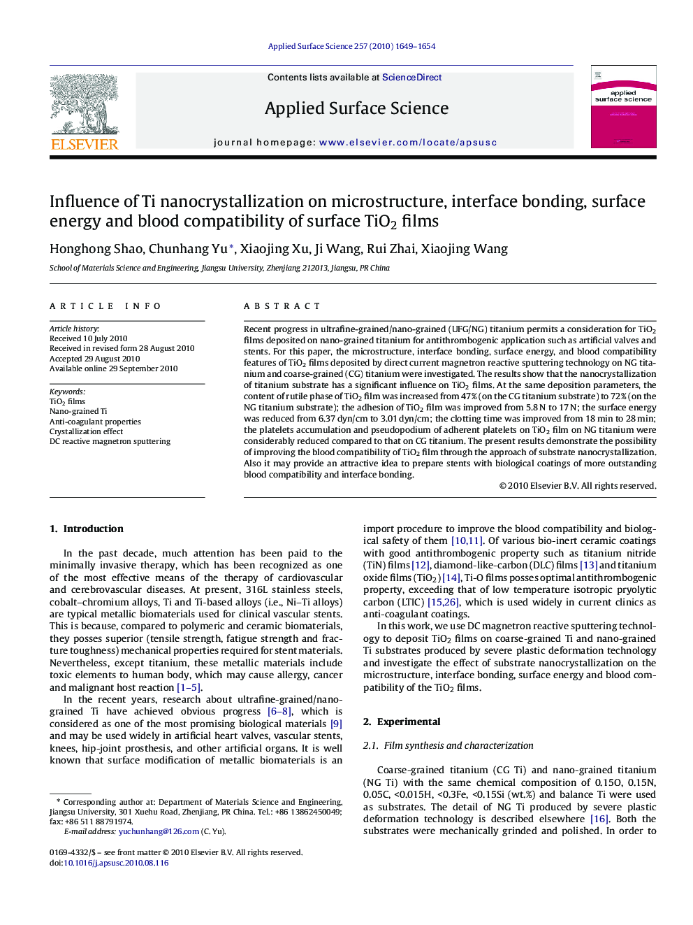 Influence of Ti nanocrystallization on microstructure, interface bonding, surface energy and blood compatibility of surface TiO2 films