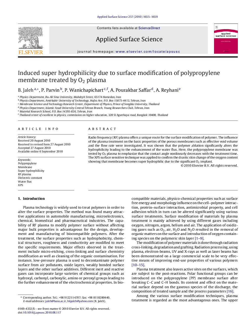 Induced super hydrophilicity due to surface modification of polypropylene membrane treated by O2 plasma