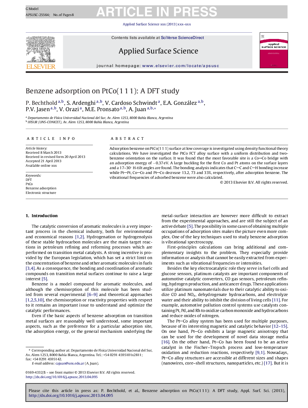 Benzene adsorption on PtCo(1Â 1Â 1): A DFT study