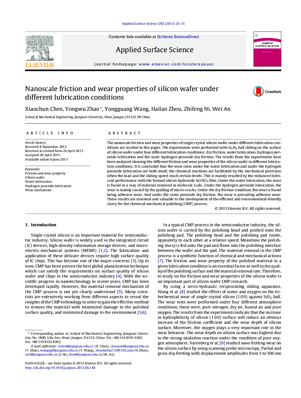 Nanoscale friction and wear properties of silicon wafer under different lubrication conditions