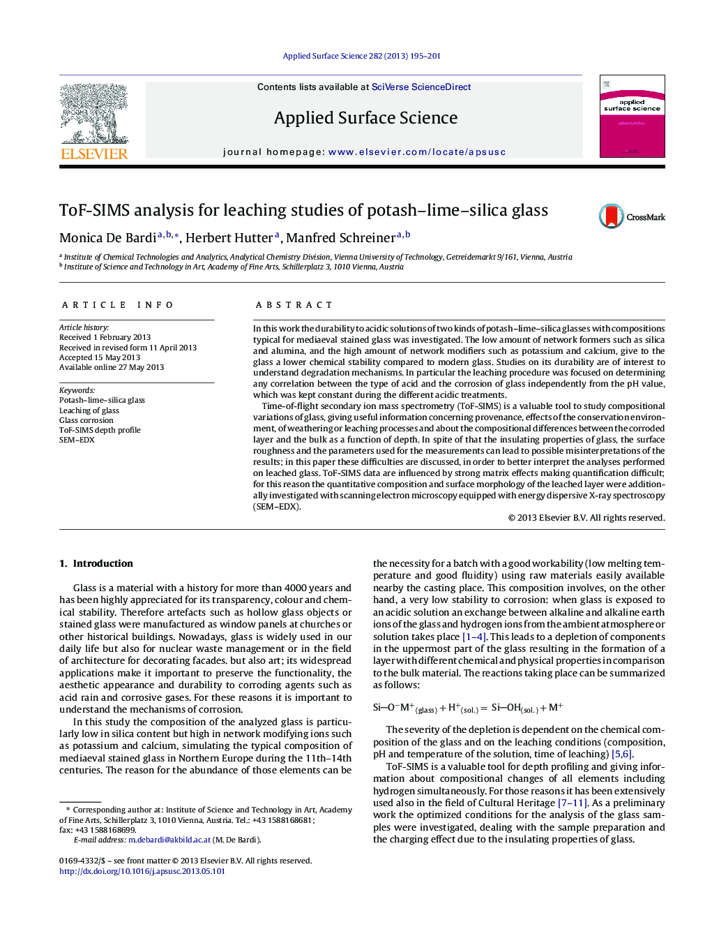 ToF-SIMS analysis for leaching studies of potash-lime-silica glass