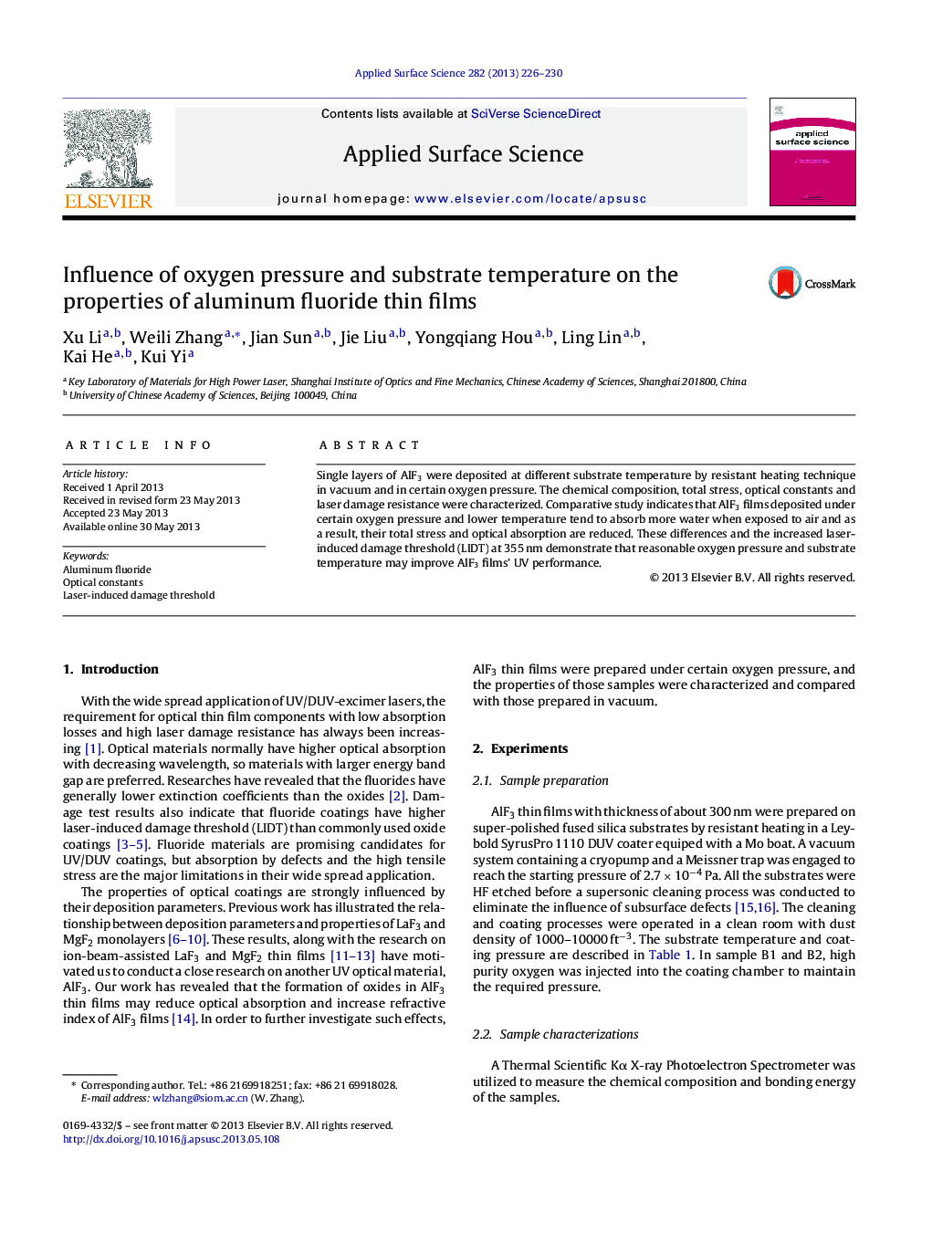 Influence of oxygen pressure and substrate temperature on the properties of aluminum fluoride thin films