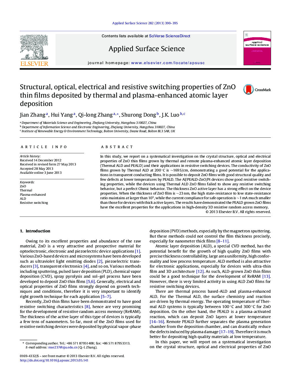 Structural, optical, electrical and resistive switching properties of ZnO thin films deposited by thermal and plasma-enhanced atomic layer deposition