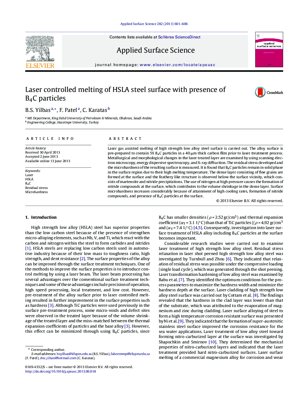 عکس صفحه اول مقاله: Laser controlled melting of HSLA steel surface with presence of B4C particles Laser controlled melting of HSLA steel surface with presence of B4C particles