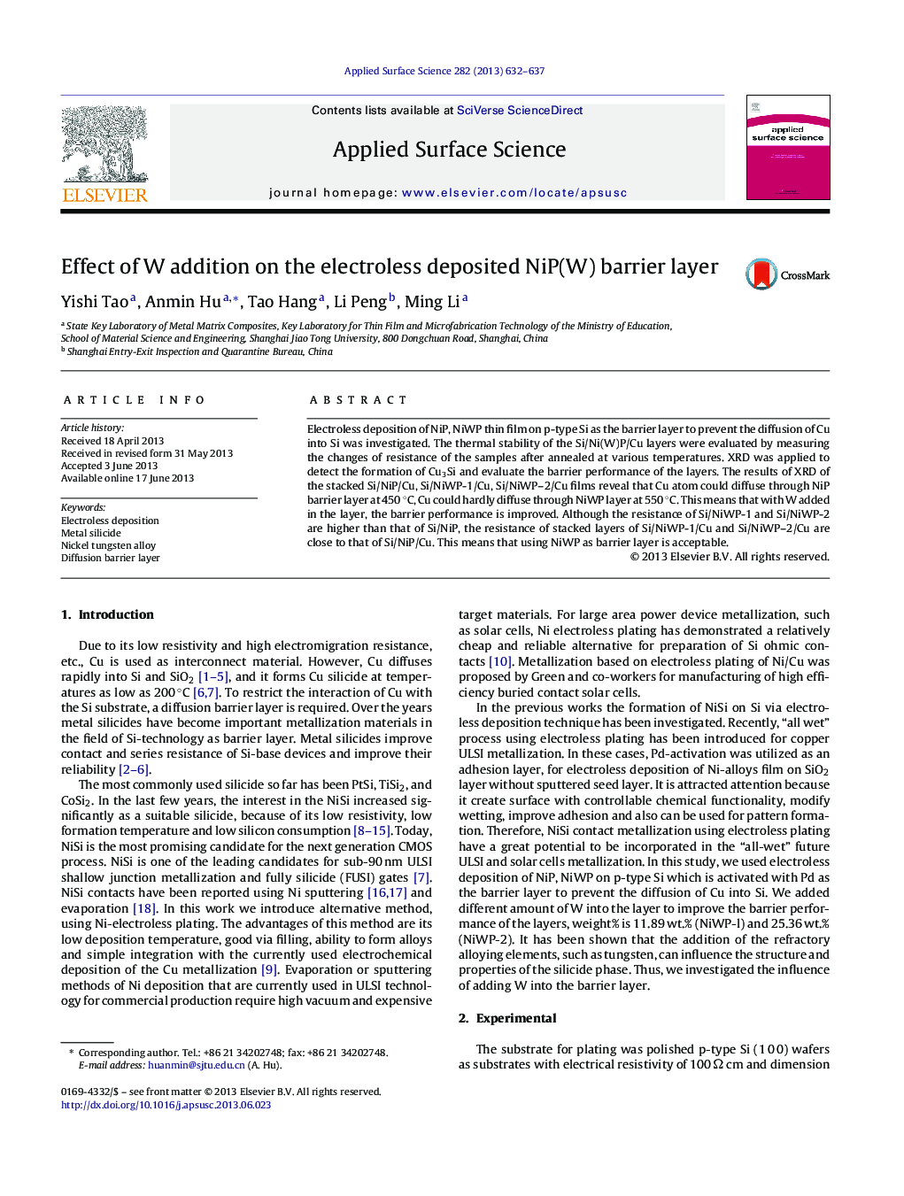 Effect of W addition on the electroless deposited NiP(W) barrier layer