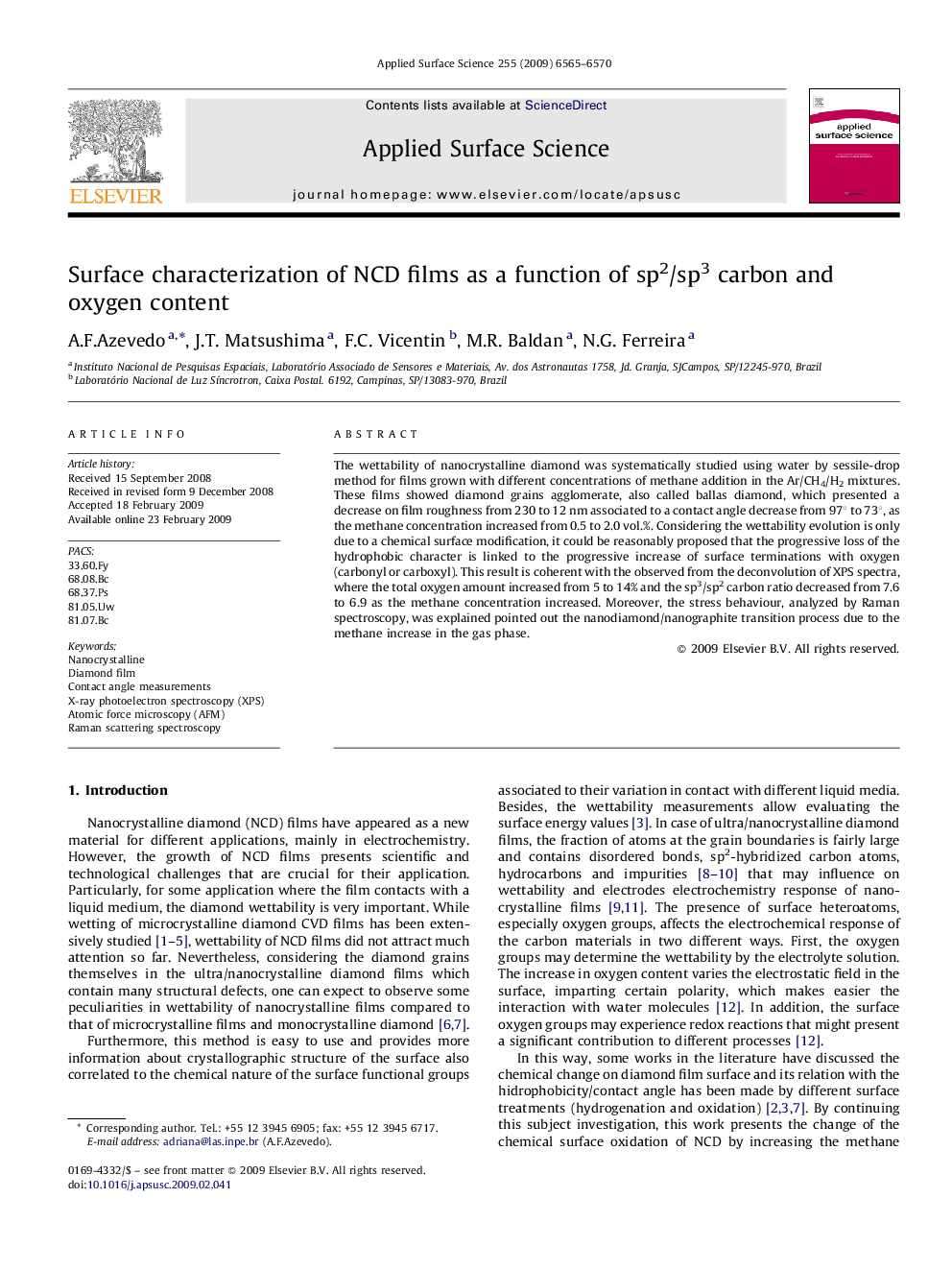 Surface characterization of NCD films as a function of sp2/sp3 carbon and oxygen content