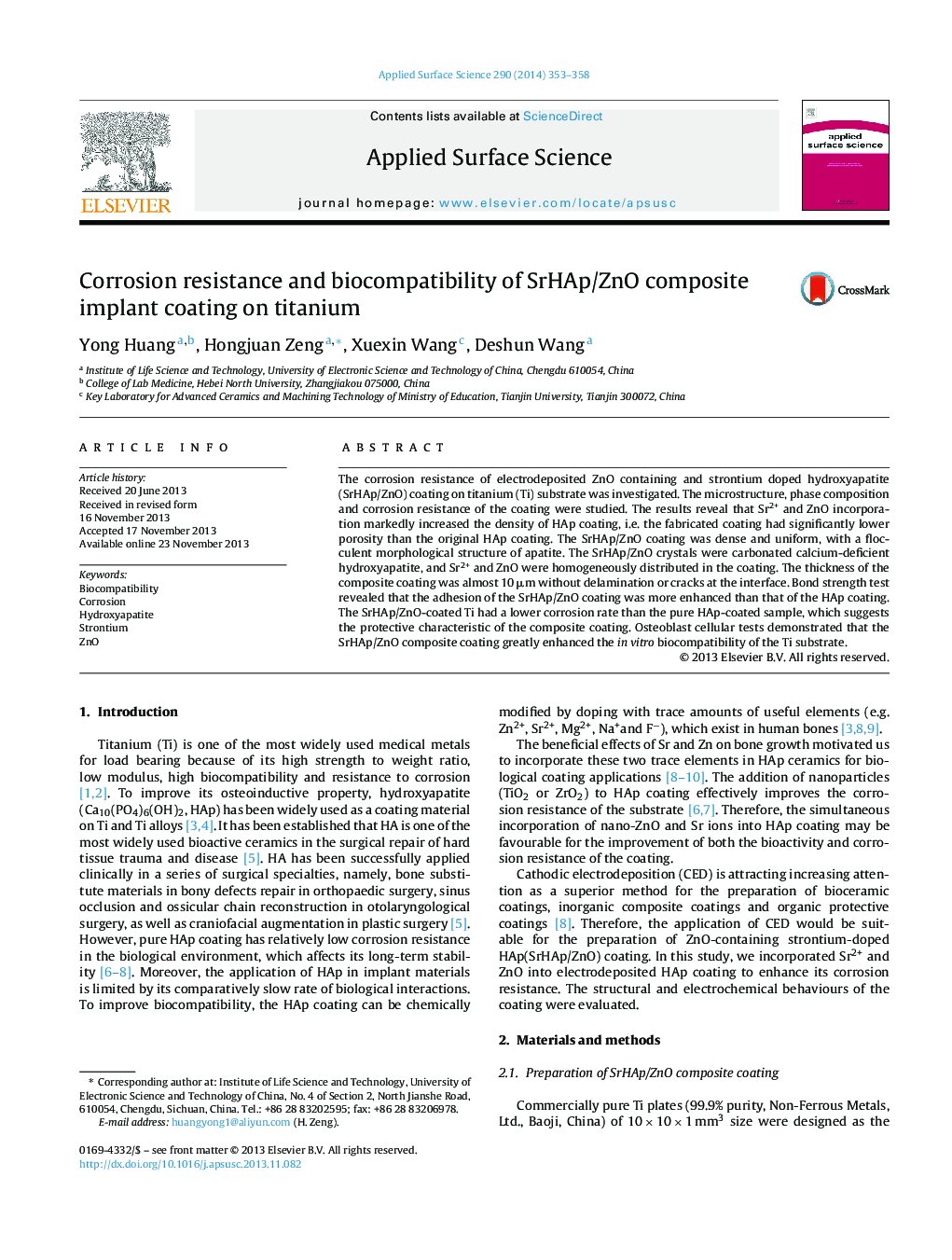 Corrosion resistance and biocompatibility of SrHAp/ZnO composite implant coating on titanium