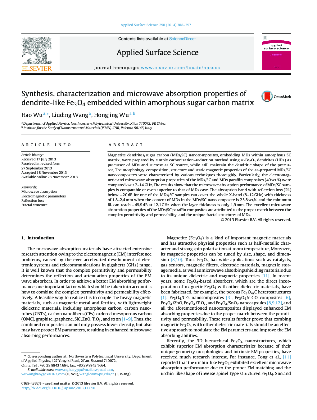 Synthesis, characterization and microwave absorption properties of dendrite-like Fe3O4 embedded within amorphous sugar carbon matrix