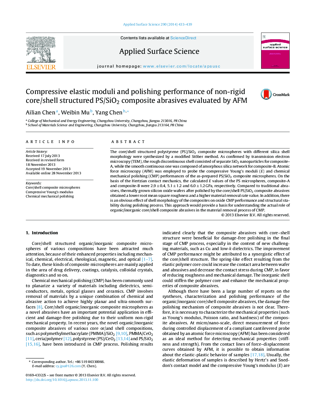 Compressive elastic moduli and polishing performance of non-rigid core/shell structured PS/SiO2 composite abrasives evaluated by AFM