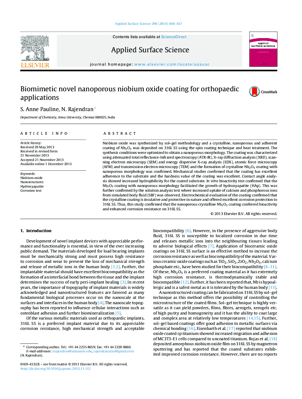 Biomimetic novel nanoporous niobium oxide coating for orthopaedic applications