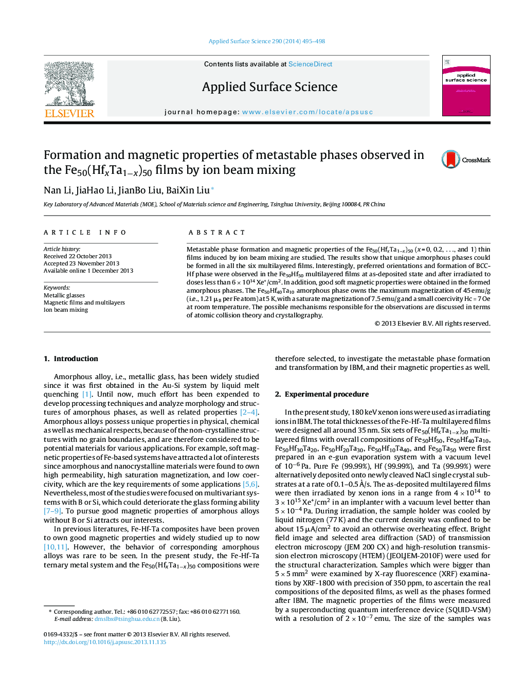 Formation and magnetic properties of metastable phases observed in the Fe50(HfxTa1âx)50 films by ion beam mixing