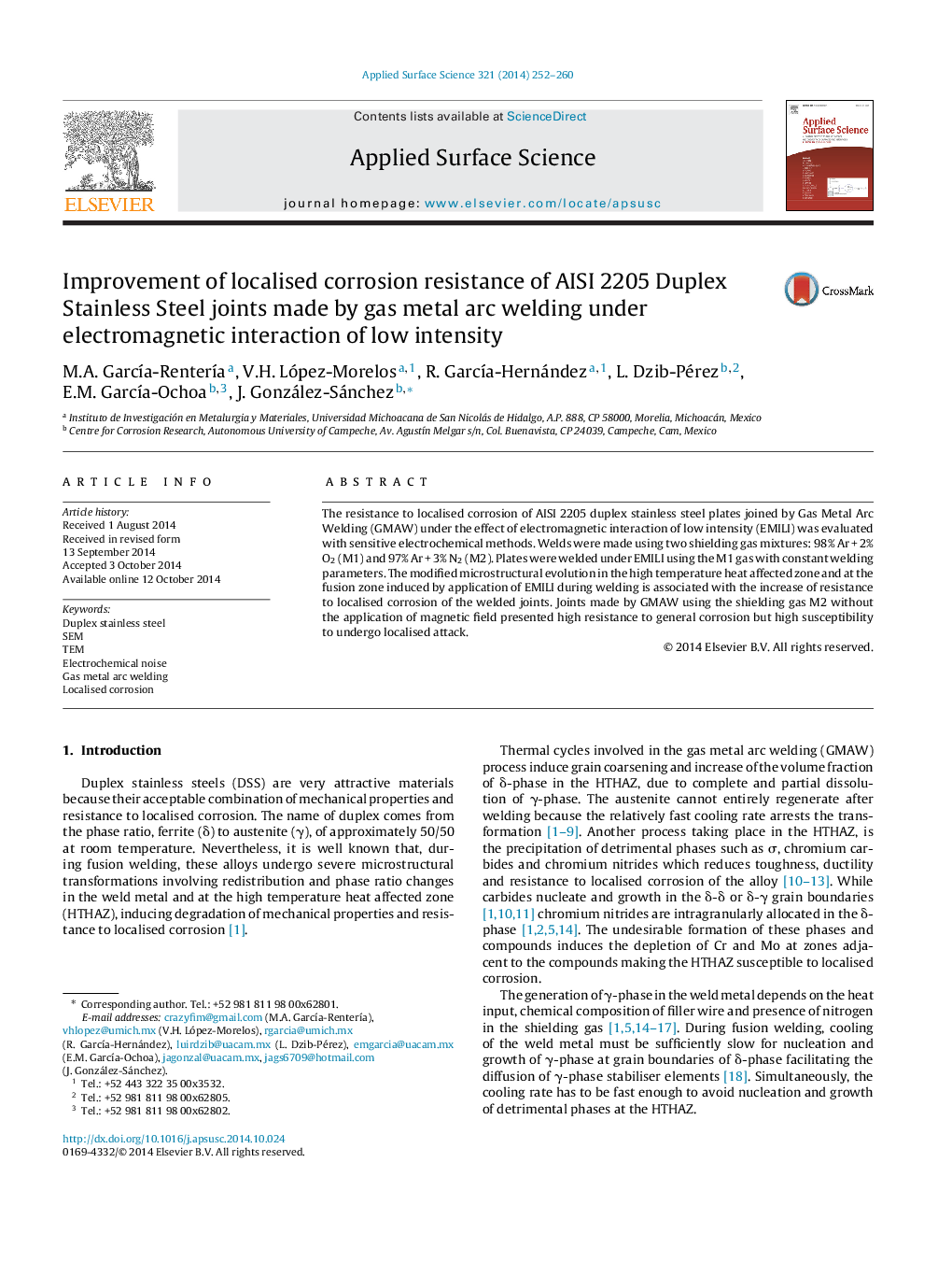 Improvement of localised corrosion resistance of AISI 2205 Duplex Stainless Steel joints made by gas metal arc welding under electromagnetic interaction of low intensity