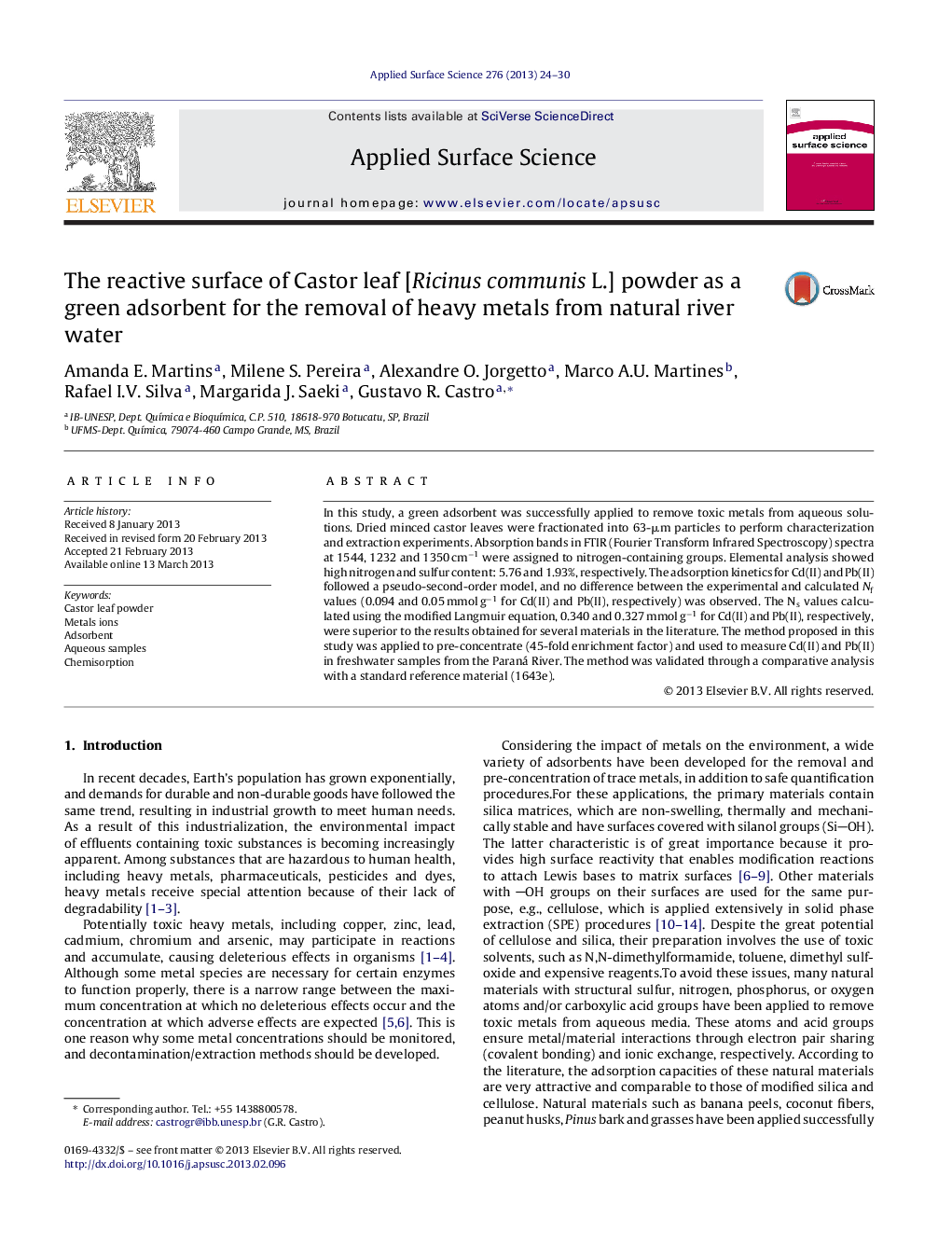 The reactive surface of Castor leaf [Ricinus communis L.] powder as a green adsorbent for the removal of heavy metals from natural river water