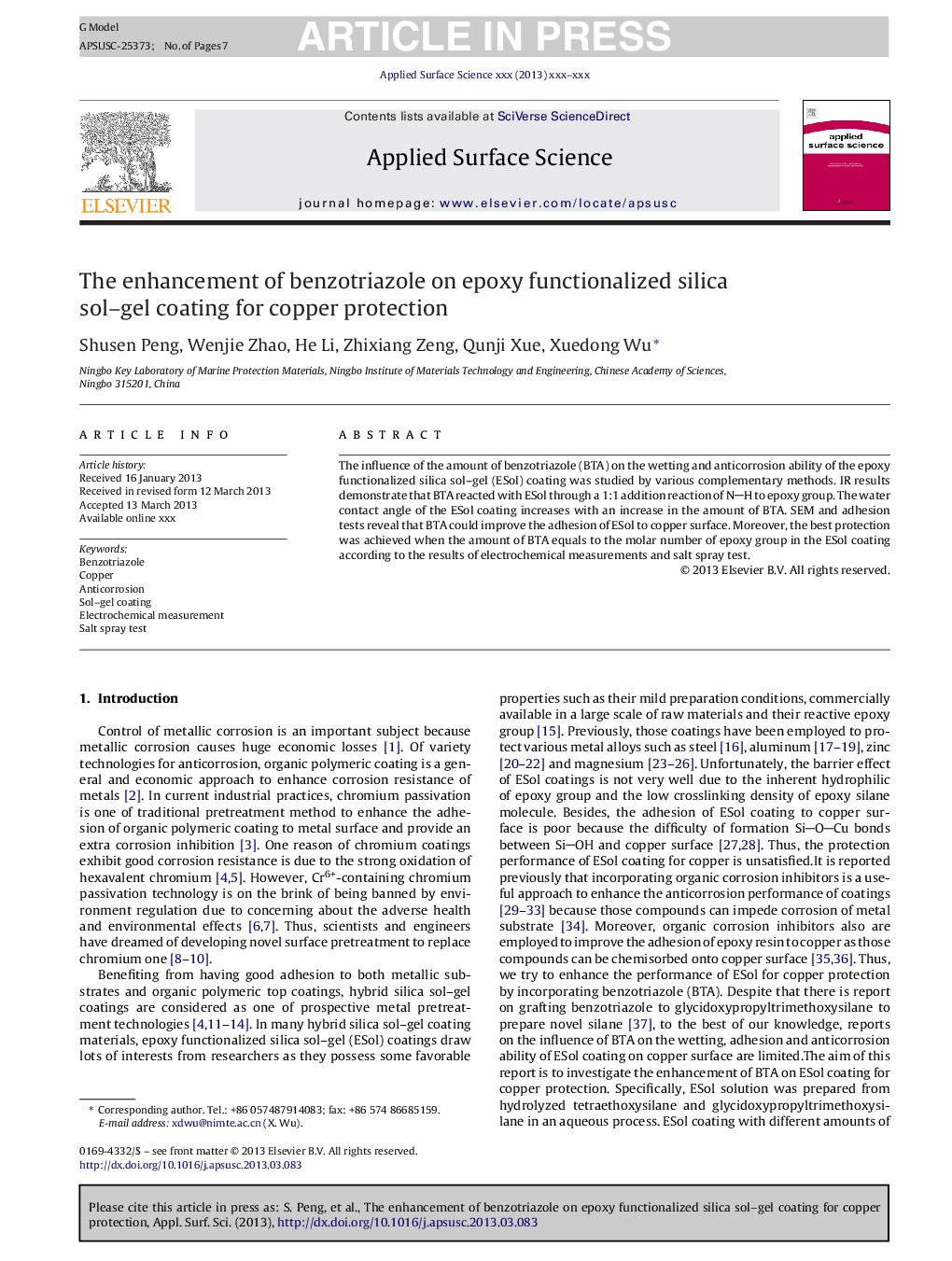 The enhancement of benzotriazole on epoxy functionalized silica sol-gel coating for copper protection