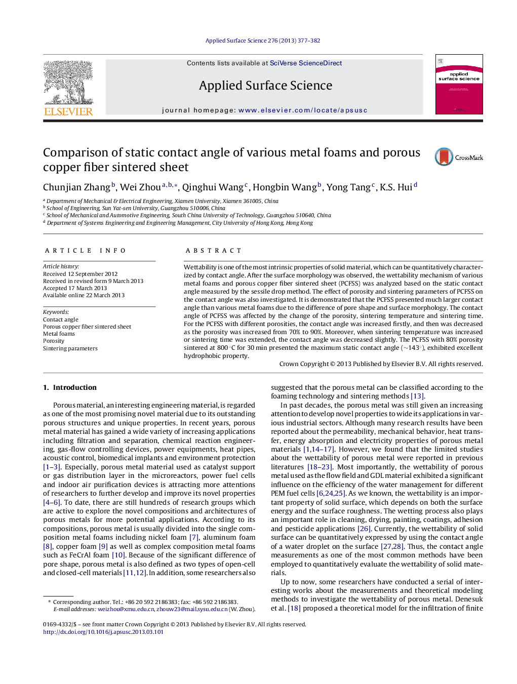 Comparison of static contact angle of various metal foams and porous copper fiber sintered sheet