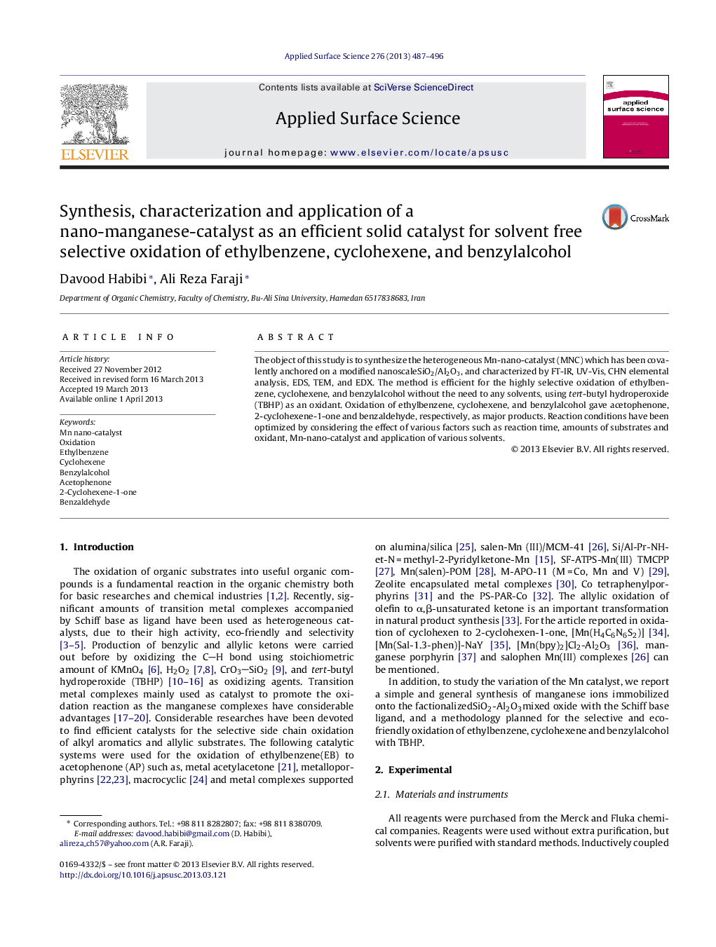 Synthesis, characterization and application of a nano-manganese-catalyst as an efficient solid catalyst for solvent free selective oxidation of ethylbenzene, cyclohexene, and benzylalcohol