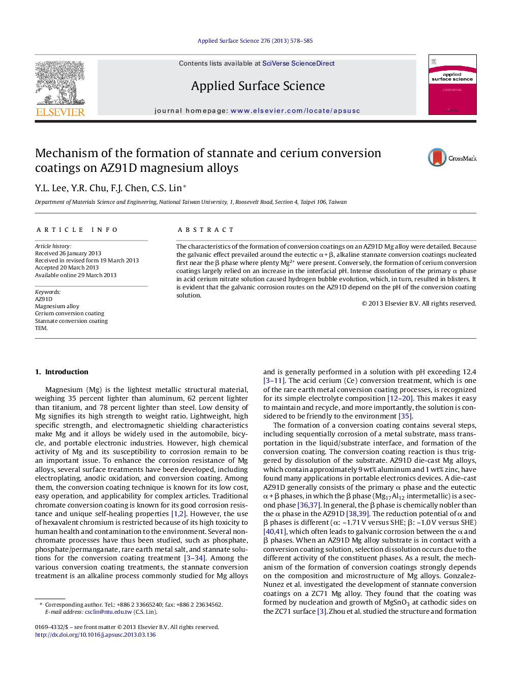 عکس صفحه اول مقاله: Mechanism of the formation of stannate and cerium conversion coatings on AZ91D magnesium alloys Mechanism of the formation of stannate and cerium conversion coatings on AZ91D magnesium alloys