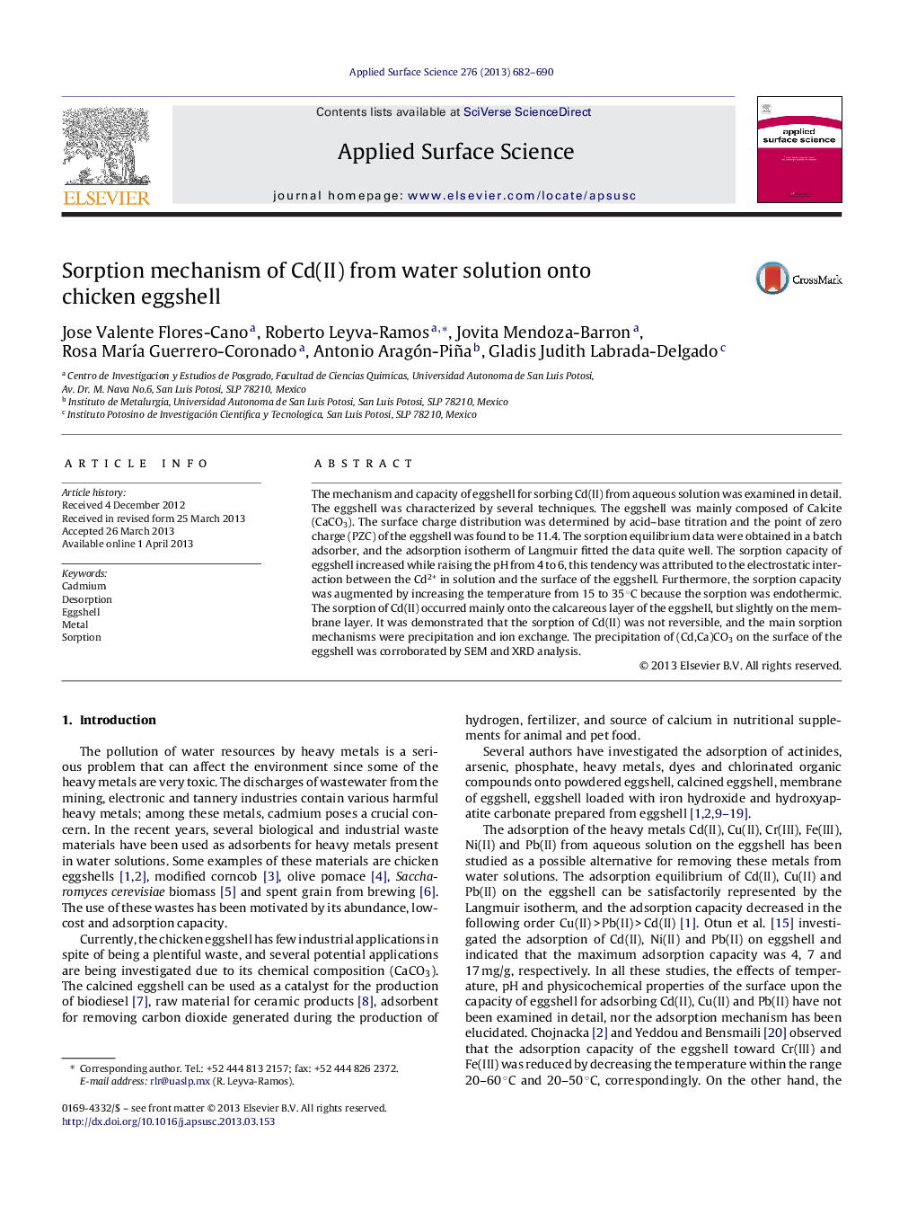 Sorption mechanism of Cd(II) from water solution onto chicken eggshell