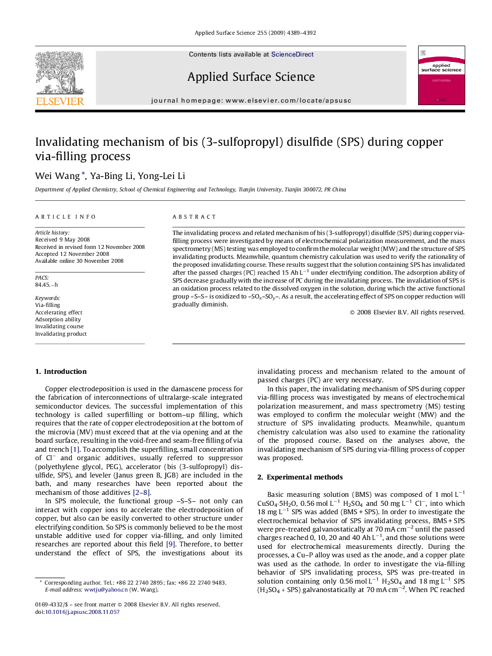 Invalidating mechanism of bis (3-sulfopropyl) disulfide (SPS) during copper via-filling process