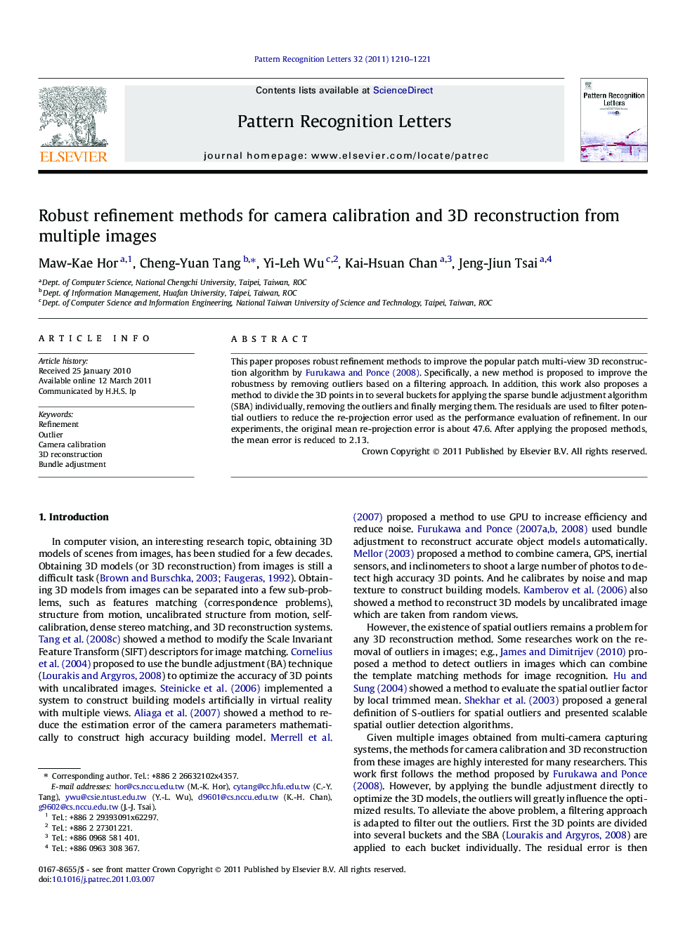 Robust refinement methods for camera calibration and 3D reconstruction from multiple images