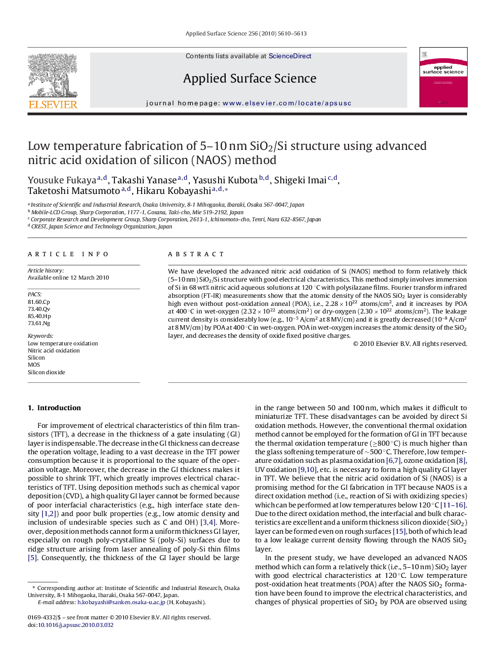 Low temperature fabrication of 5-10Â nm SiO2/Si structure using advanced nitric acid oxidation of silicon (NAOS) method