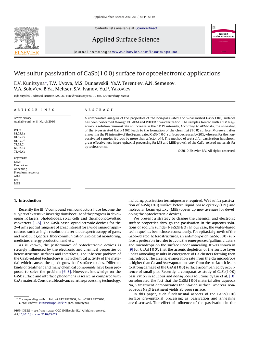 Wet sulfur passivation of GaSb(1Â 0Â 0) surface for optoelectronic applications