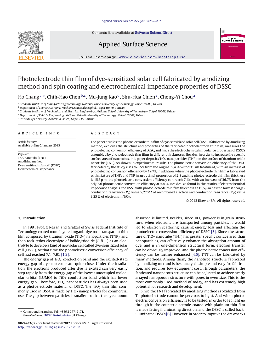 Photoelectrode thin film of dye-sensitized solar cell fabricated by anodizing method and spin coating and electrochemical impedance properties of DSSC