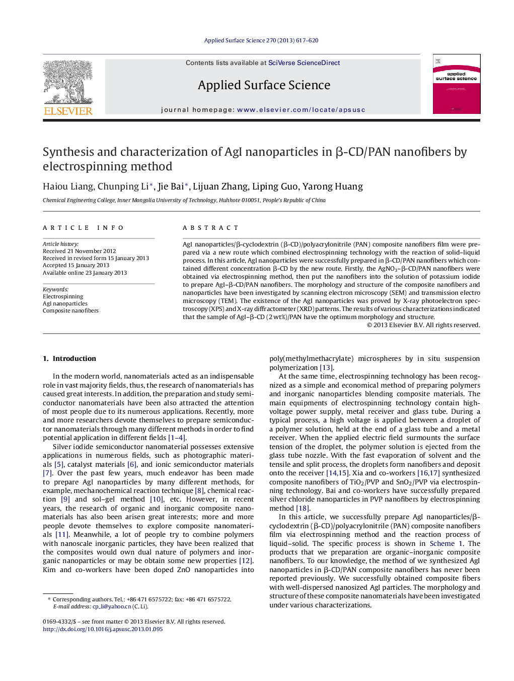 Synthesis and characterization of AgI nanoparticles in Î²-CD/PAN nanofibers by electrospinning method